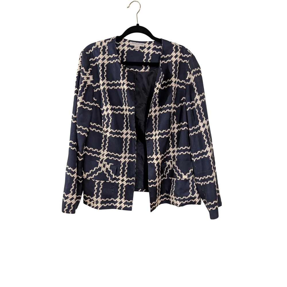 Pendleton Blazer Womens 16W Navy Blue Silk Houndstooth Open Front Jacket